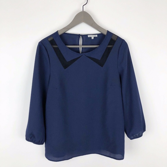 Lace & Mesh Navy Blue 3/4 Sleeve Blouse Small - Picture 1 of 8